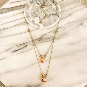 Liz Claiborne Crystal Multilayer Necklace Peach Pink Gold Toned Metal